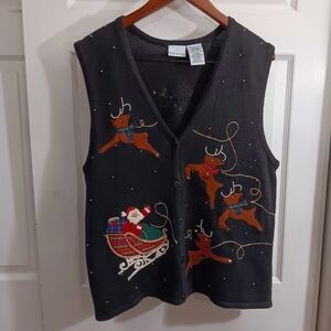 Bobbie Brooks Christmas Sweater Vest Black Santa & Reindeer Sz L Ramie Cotton